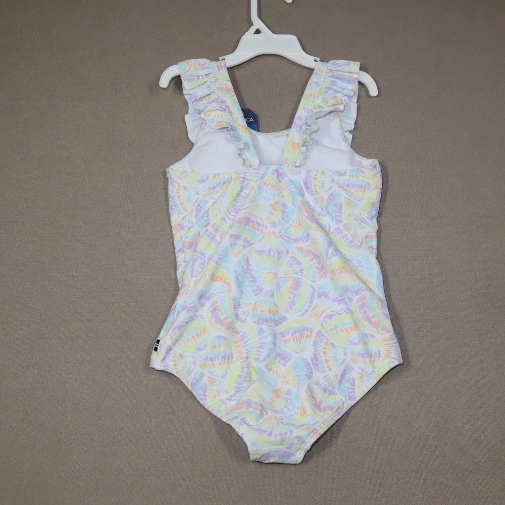 Nautica Big Girls Ruffle Trim Seashell‎ Print One-Piece Swimsuit - Size Medium